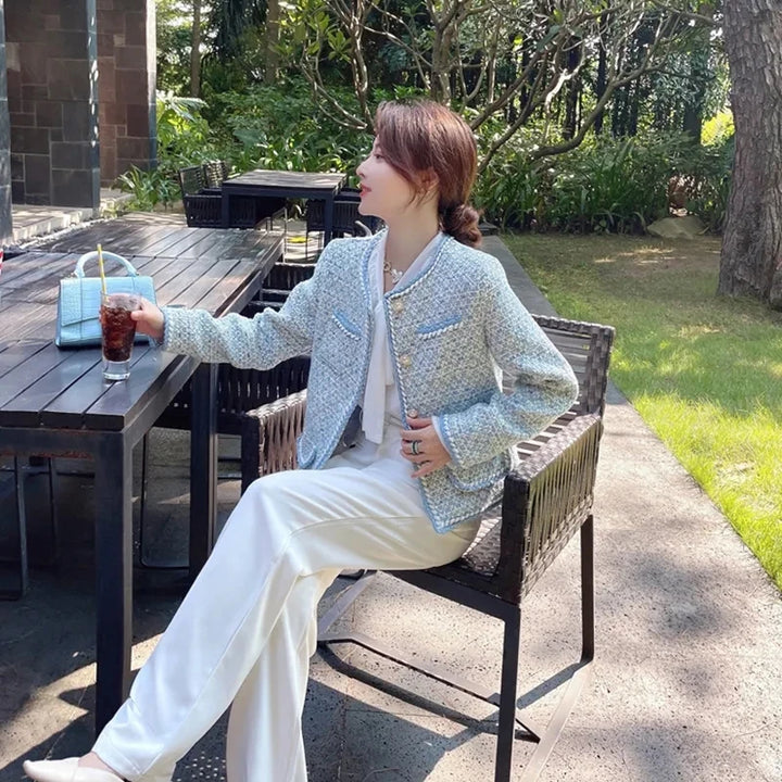 Elegant Luxury Blue Plaid Tweed Jacket Women Vintage Round Neck Pearl Button Design Short Coat Korean Fashion Chaqueta 2023 New