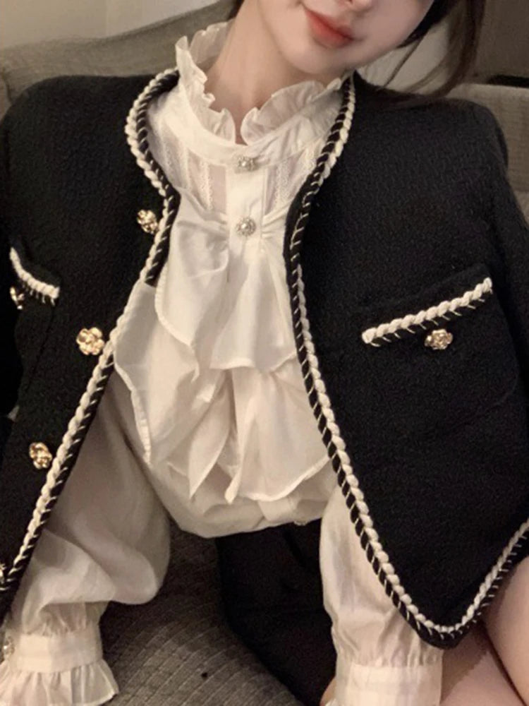 2024 Style Vintage Elegant Lady Tweed Jackets Pink Long Sleeve Suit Coat Women Autumn Winter Short Black Blazers Female D67