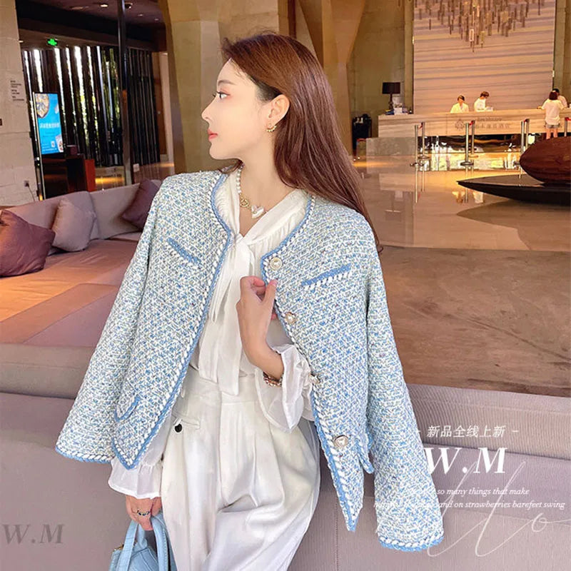 Elegant Luxury Blue Plaid Tweed Jacket Women Vintage Round Neck Pearl Button Design Short Coat Korean Fashion Chaqueta 2023 New